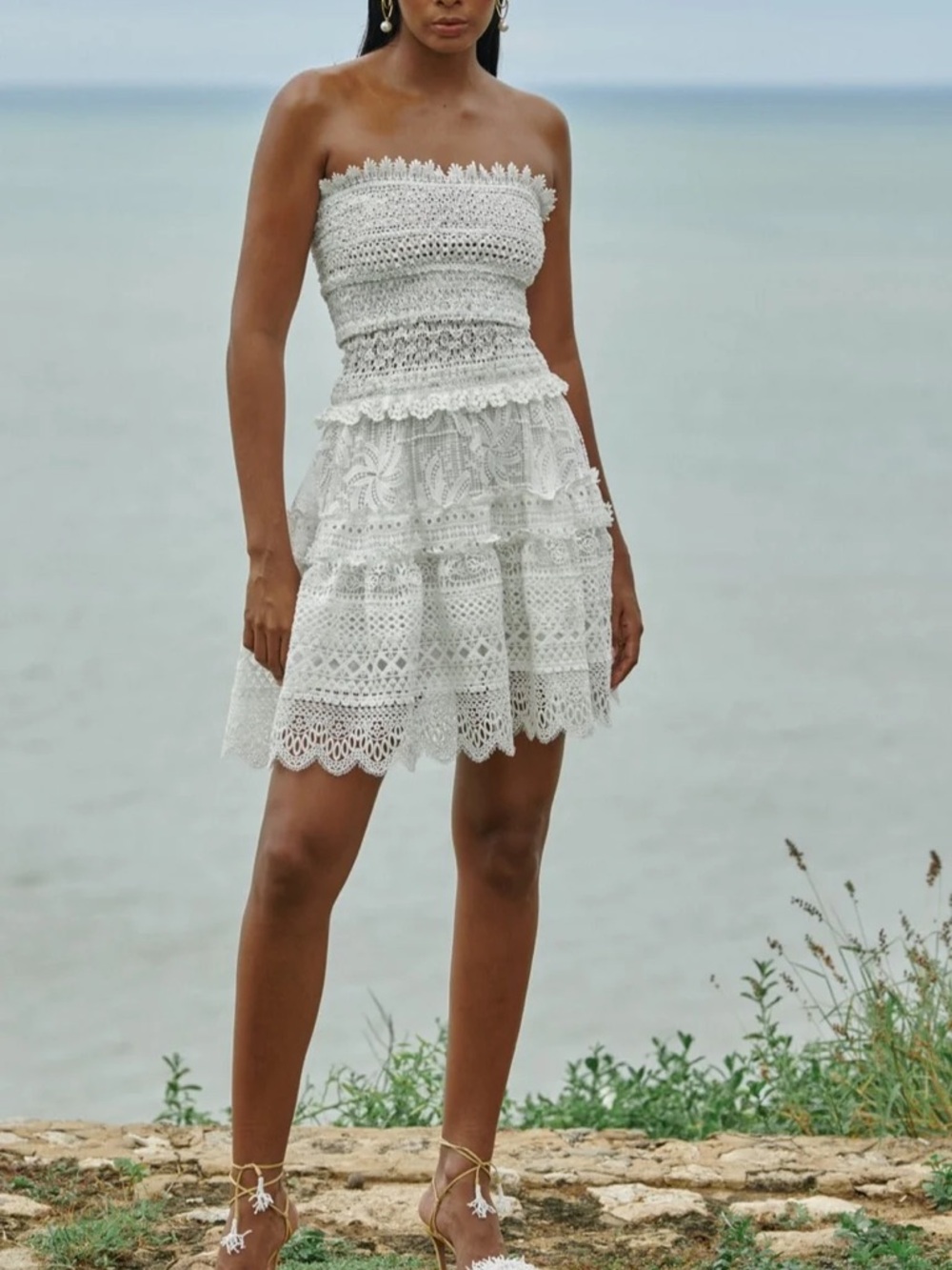 Waimari Vallarta Dress Lace Strapless Tube Mini Tiered White Resort Wear Size XS